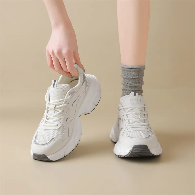 JOSINY Chunky Sneakers Women's Low Top Beige Gray/Champagne Gold-3