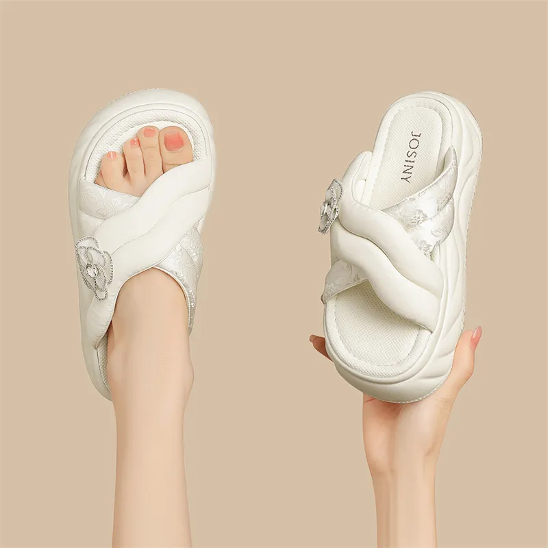JOSINY PU Polyurethane Cut Out Rhinestone Slip Resistant Slide Slippers Women's-9