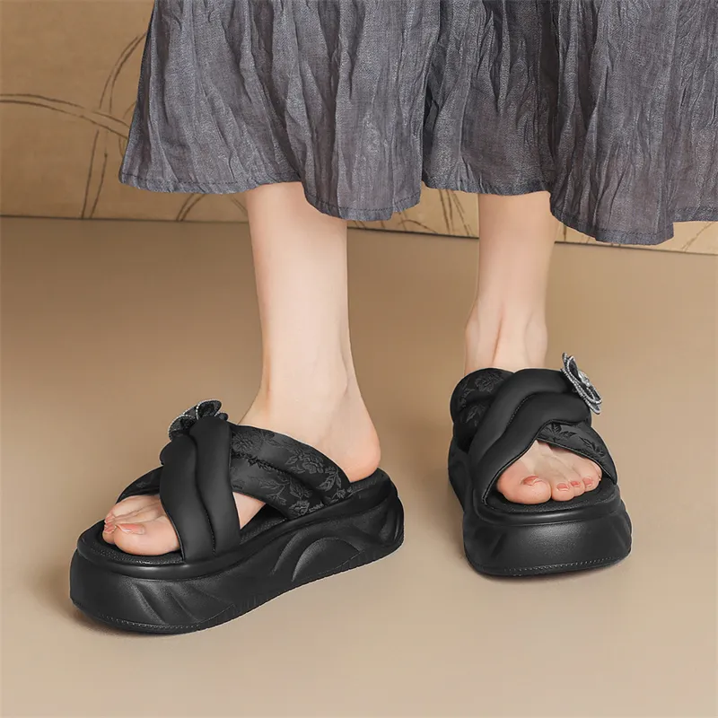 JOSINY PU Polyurethane Cut Out Rhinestone Slip Resistant Slide Slippers Women's-4