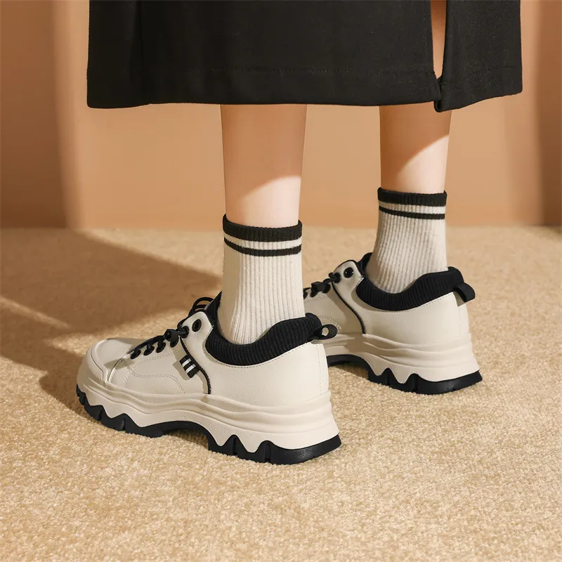 JOSINY Lace-Up British Style Sports Versatile Panda Shoes Minimalist Style Casual Shoes Women's Beige Black-5