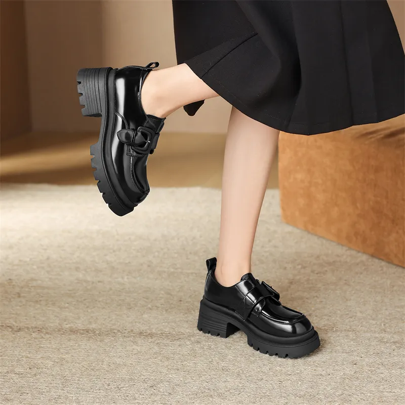 JOSINY British Style Versatile Fleece-Lined Warm Deep Mouth Unlined Shoes Loafers Heel Height 6.7cm Women's Black-3