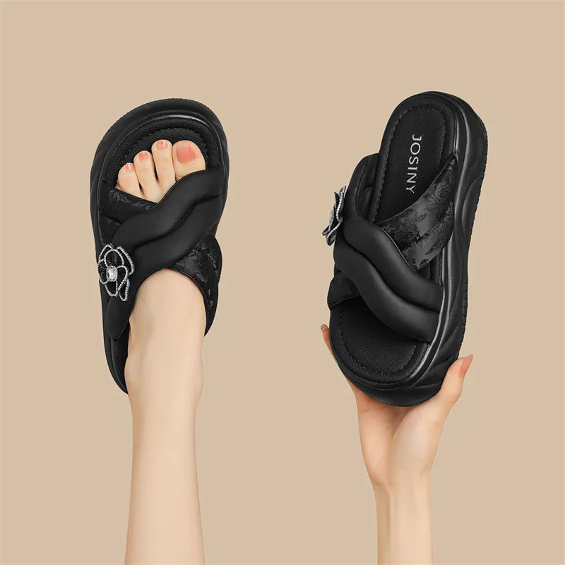 JOSINY PU Polyurethane Cut Out Rhinestone Slip Resistant Slide Slippers Women's-3