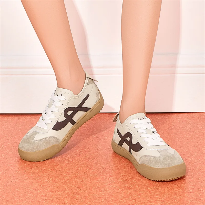 JOSINY Versatile Lightweight Soft Sole Flat Shoes Sports White Sneakers Low Top Lace Up Casual Shoes Women's Brown-3