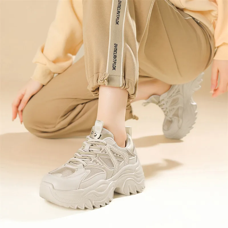 JOSINY Chunky Sneakers Women's Low Top Beige Khaki/Beige Red-2