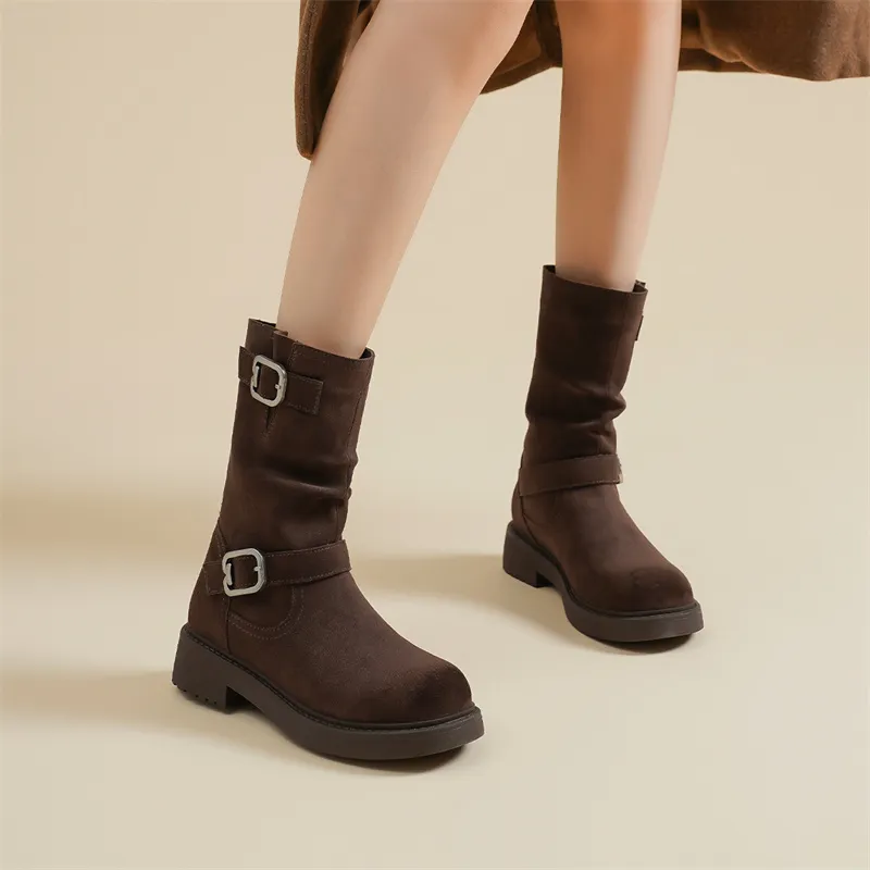 JOSINY Vintage Fashion Suede Flat Unlined Boots Crew Maillard Style Ankle Boots Women's Brown-6