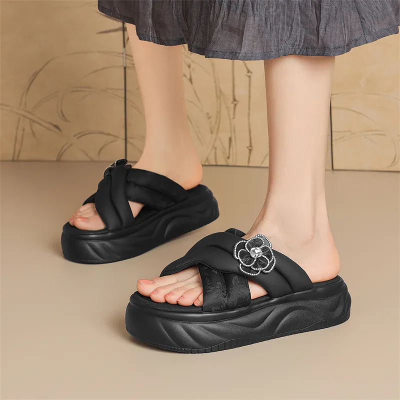 JOSINY PU Polyurethane Cut Out Rhinestone Slip Resistant Slide Slippers Women's-5