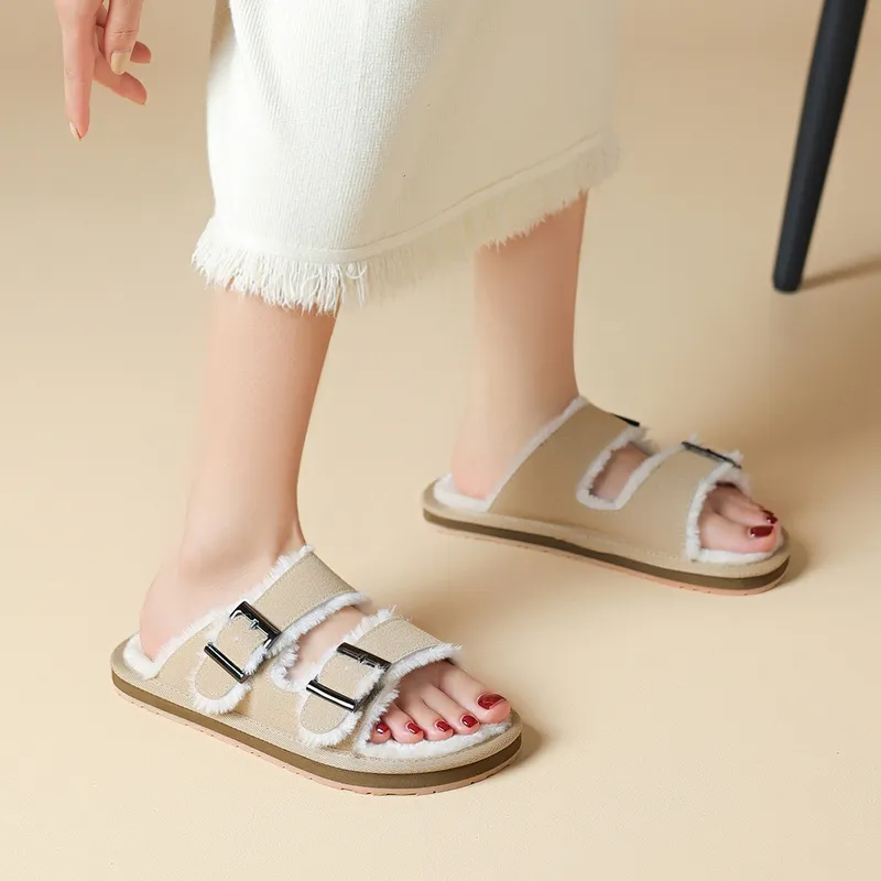 JOSINY Rubber Sole Fuzzy Slide Slippers Women's Fleece Apricot-5