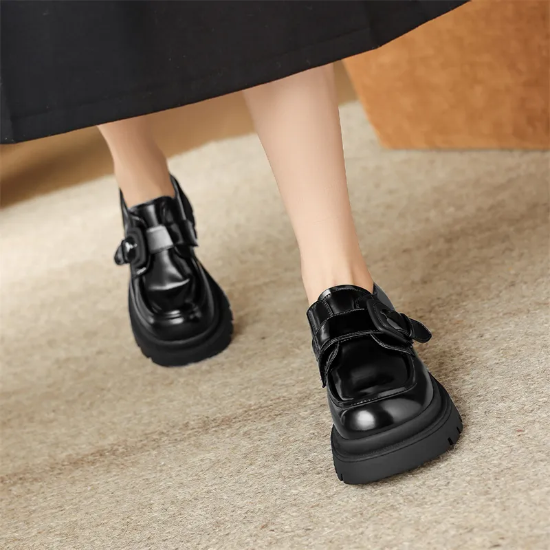 JOSINY British Style Versatile Fleece-Lined Warm Deep Mouth Unlined Shoes Loafers Heel Height 6.7cm Women's Black-6