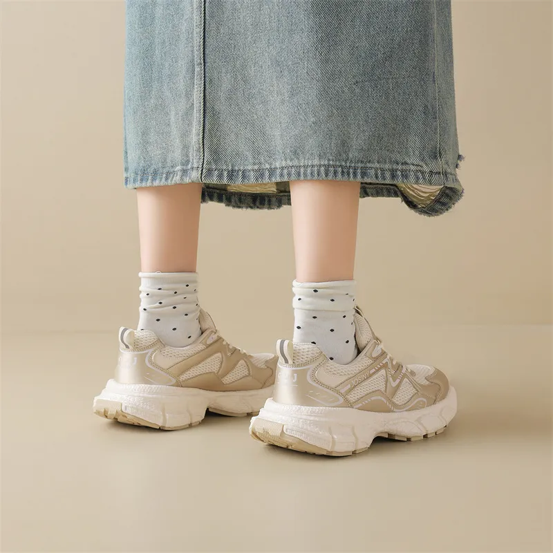 JOSINY Chunky Sneakers Women's Low Top Beige Gray/Champagne Gold-6