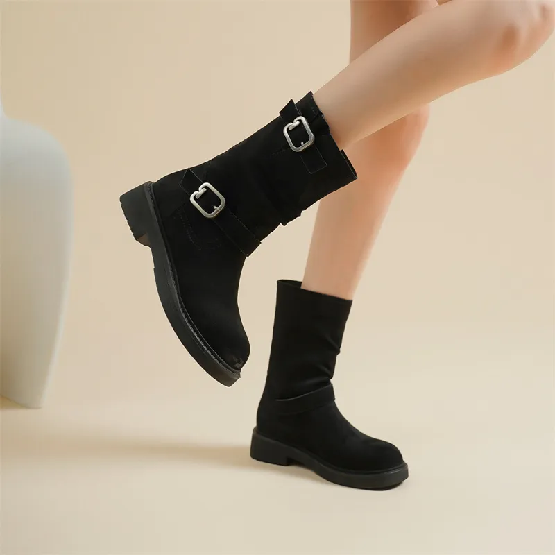 JOSINY Vintage Style Fleece-Lined Warm Single Boot Flat Crew Ankle Boots Women's Black-5