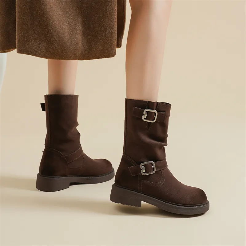 JOSINY Vintage Fashion Suede Flat Unlined Boots Crew Maillard Style Ankle Boots Women's Brown-5
