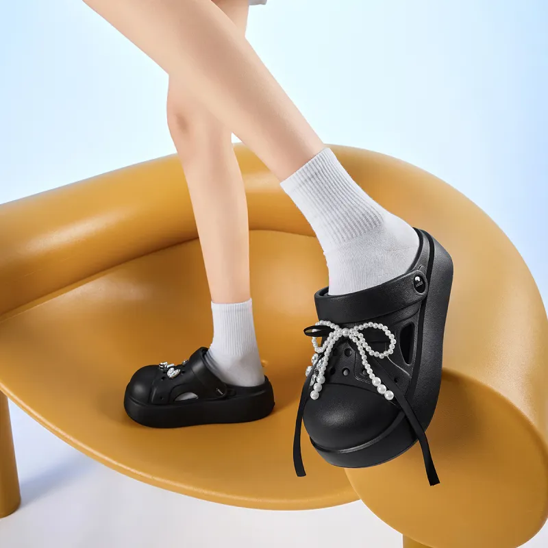 JOSINY Summer Trendy Fashion Slip on Outdoor Beach Shoes Pearl Bowknot Closed Toe Mules, Clogs Women's Black-3