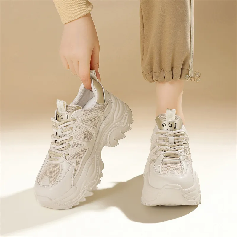 JOSINY Chunky Sneakers Women's Low Top Beige Khaki/Beige Red-4