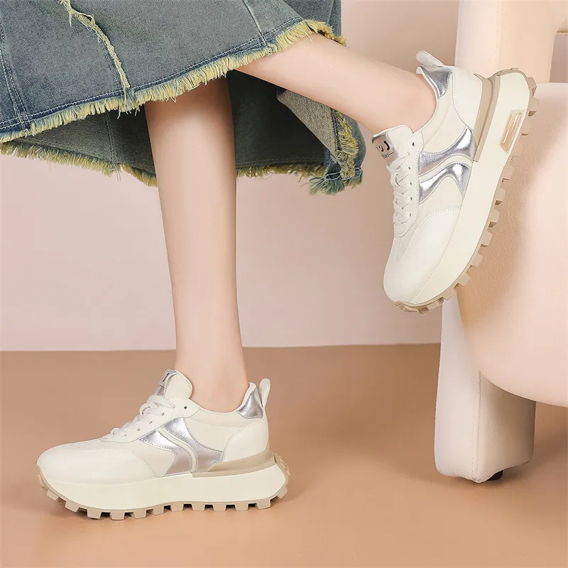 JOSINY Chunky Sneakers Women's Low Top White Gold/White Silver-10