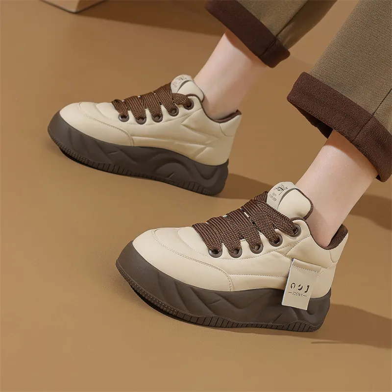 JOSINY Trendy Fashion Comfortable Versatile Puffy Shoes Low-Top Casual Shoes Women's Beige Brown-5