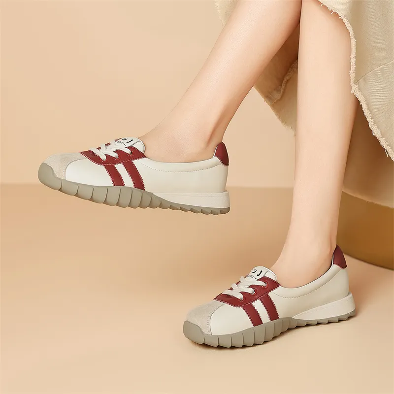 JOSINY Soft Sole, Versatile Lightweight, White Sneakers Sports Casual Shoes Women's Beige Red/White Silver-5