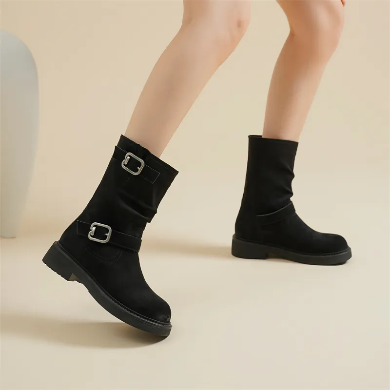 JOSINY Vintage Style Fleece-Lined Warm Single Boot Flat Crew Ankle Boots Women's Black-6