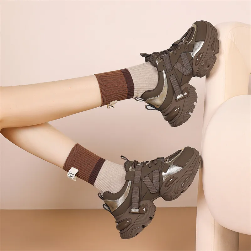 JOSINY Chunky Sneakers Women's Low Top Brown-4