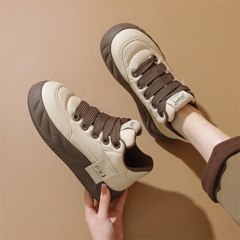 JOSINY Trendy Fashion Comfortable Versatile Puffy Shoes Low-Top Casual Shoes Women's Beige Brown-3