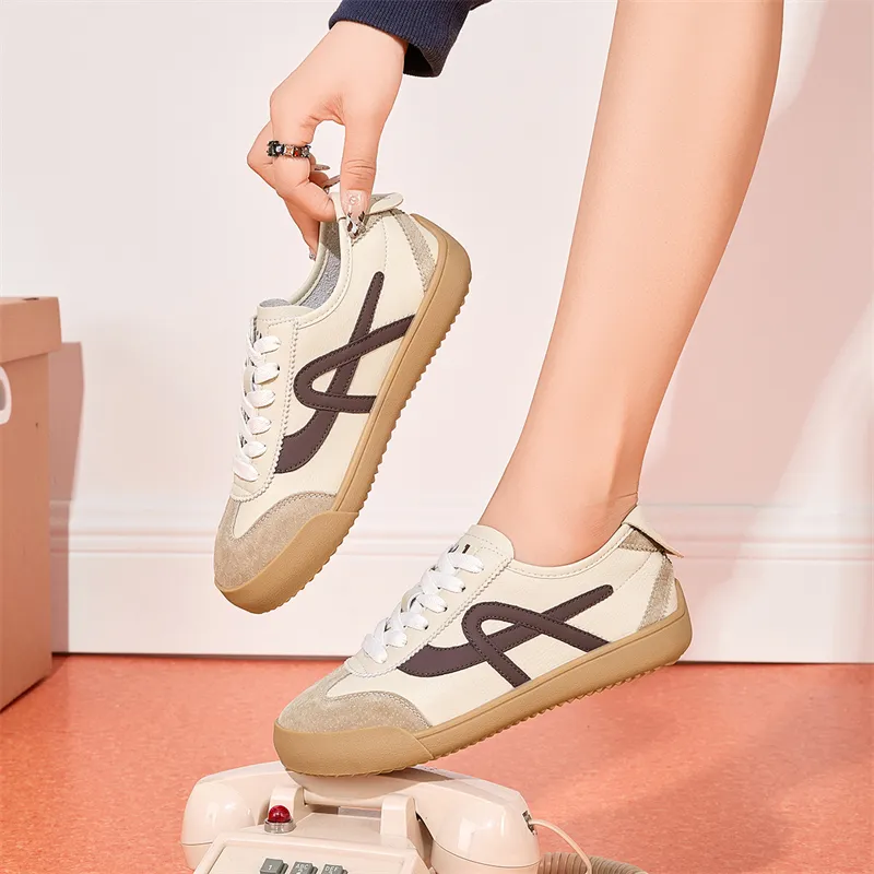 JOSINY Versatile Lightweight Soft Sole Flat Shoes Sports White Sneakers Low Top Lace Up Casual Shoes Women's Brown-6