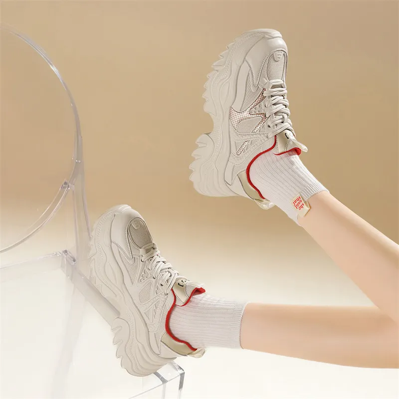 JOSINY Chunky Sneakers Women's Low Top Beige Khaki/Beige Red-13