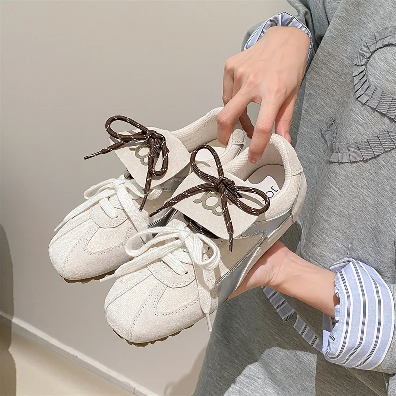 JOSINY Vintage Fashion White Sneakers Flat German Army Athletic Shoes Casual Shoes Women's White Silver-6