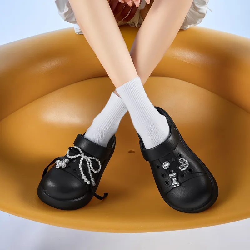 JOSINY Summer Trendy Fashion Slip on Outdoor Beach Shoes Pearl Bowknot Closed Toe Mules, Clogs Women's Black-5