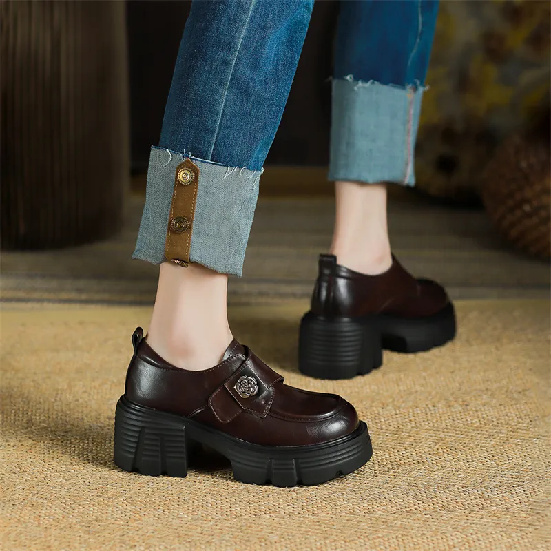 JOSINY Vintage Small Leather Shoes Fashion Versatile Loafers Heel Height 7m Women's Brown-6