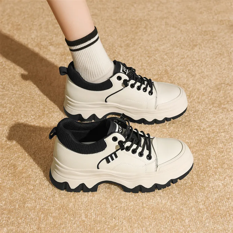 JOSINY Lace-Up British Style Sports Versatile Panda Shoes Minimalist Style Casual Shoes Women's Beige Black-2