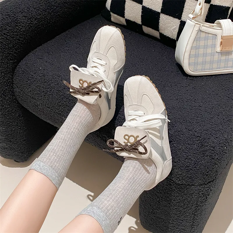 JOSINY Vintage Fashion White Sneakers Flat German Army Athletic Shoes Casual Shoes Women's White Silver-4