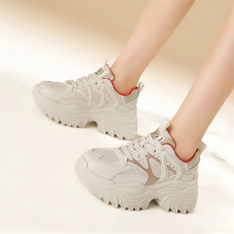 JOSINY Chunky Sneakers Women's Low Top Beige Khaki/Beige Red-12