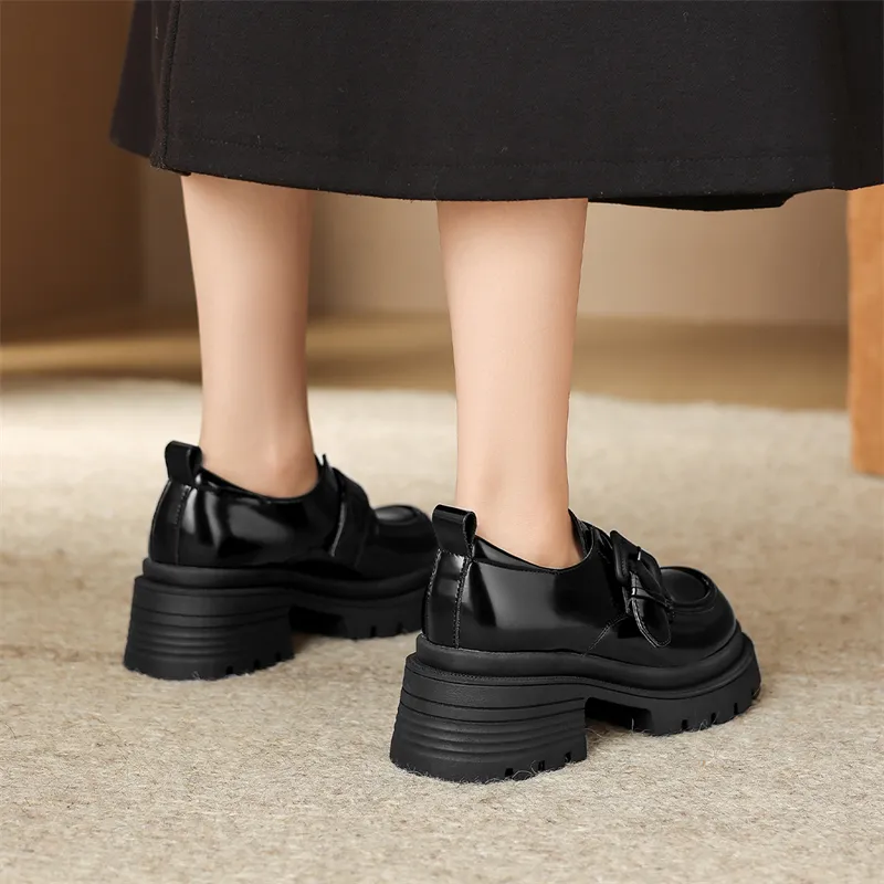 JOSINY British Style Versatile Fleece-Lined Warm Deep Mouth Unlined Shoes Loafers Heel Height 6.7cm Women's Black-5