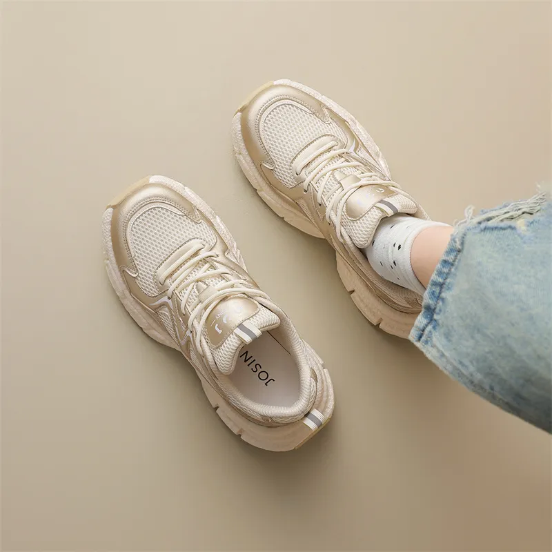 JOSINY Chunky Sneakers Women's Low Top Beige Gray/Champagne Gold-5