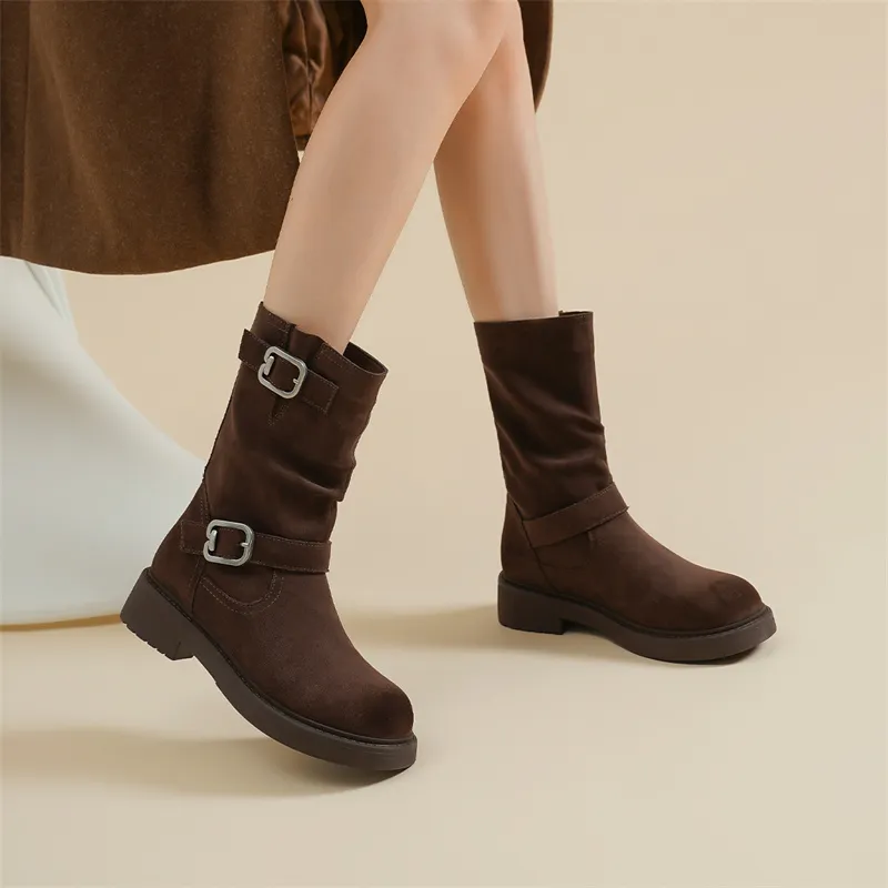 JOSINY Vintage Fashion Suede Flat Unlined Boots Crew Maillard Style Ankle Boots Women's Brown-4