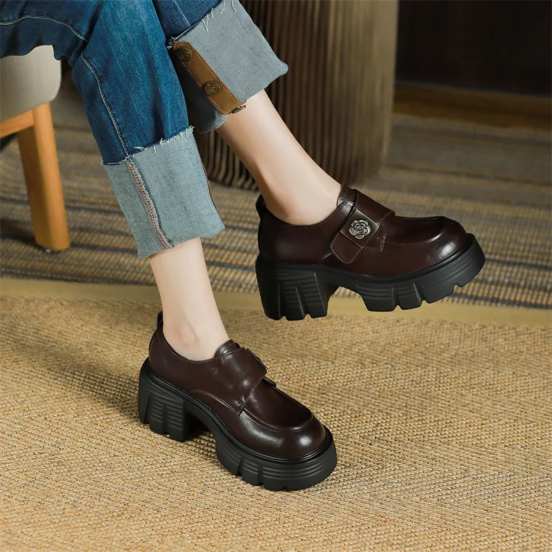 JOSINY Vintage Small Leather Shoes Fashion Versatile Loafers Heel Height 7m Women's Brown-4