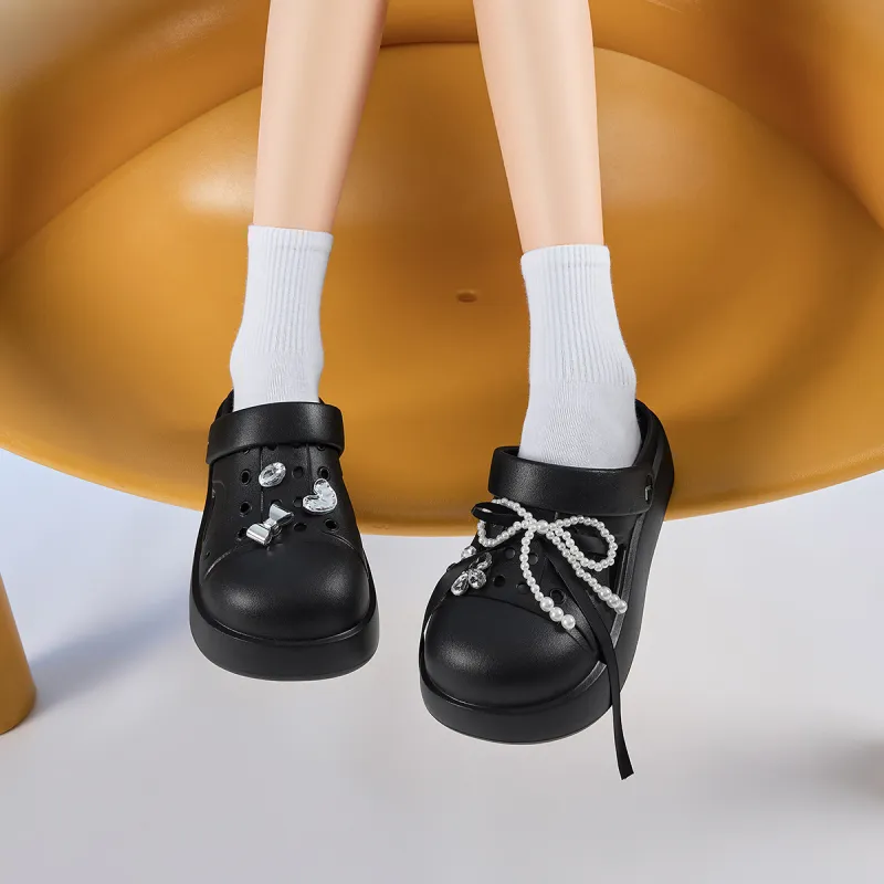 JOSINY Summer Trendy Fashion Slip on Outdoor Beach Shoes Pearl Bowknot Closed Toe Mules, Clogs Women's Black-4