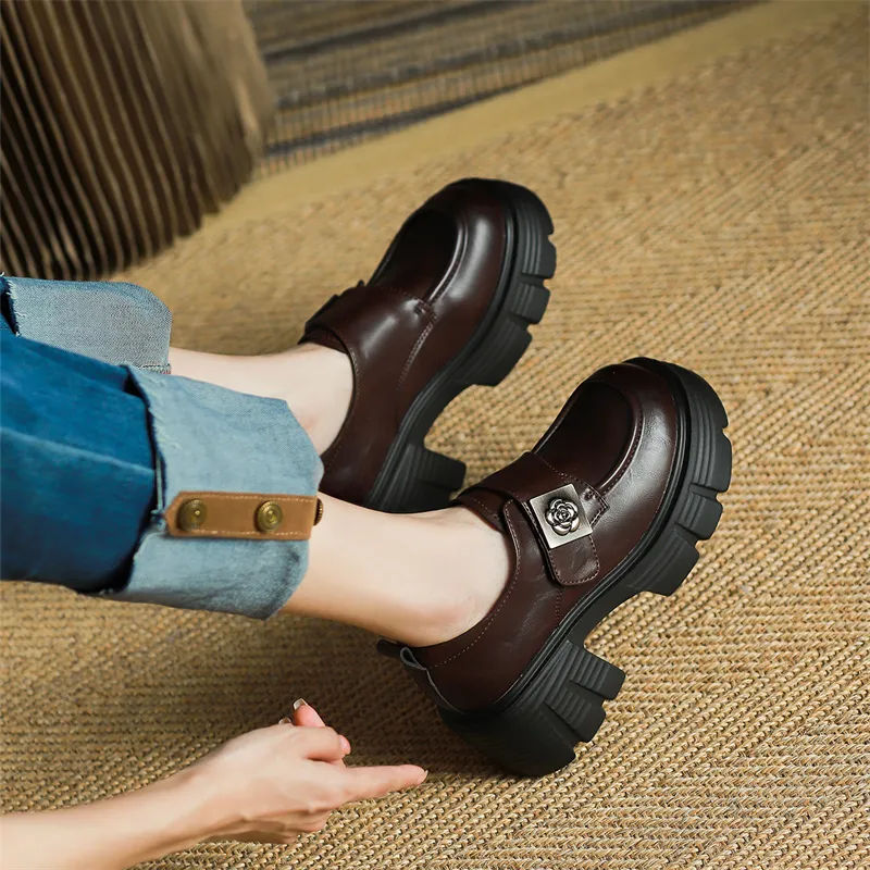 JOSINY Vintage Small Leather Shoes Fashion Versatile Loafers Heel Height 7m Women's Brown-3