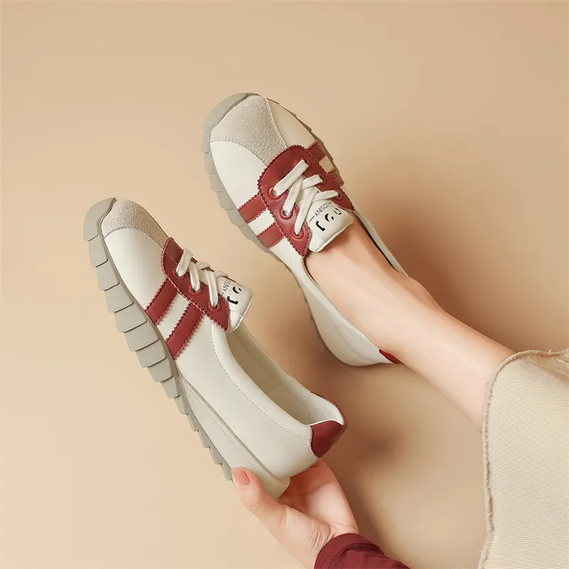 JOSINY Soft Sole, Versatile Lightweight, White Sneakers Sports Casual Shoes Women's Beige Red/White Silver-7