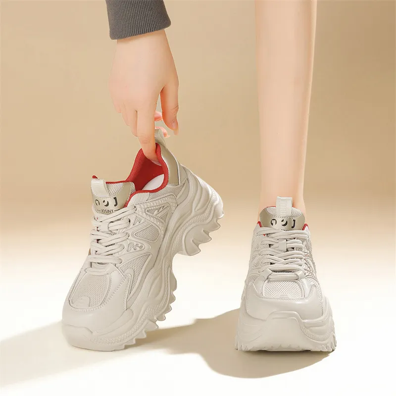 JOSINY Chunky Sneakers Women's Low Top Beige Khaki/Beige Red-11