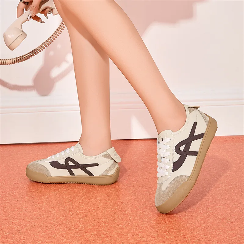 JOSINY Versatile Lightweight Soft Sole Flat Shoes Sports White Sneakers Low Top Lace Up Casual Shoes Women's Brown-4