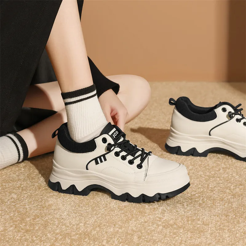 JOSINY Lace-Up British Style Sports Versatile Panda Shoes Minimalist Style Casual Shoes Women's Beige Black-4