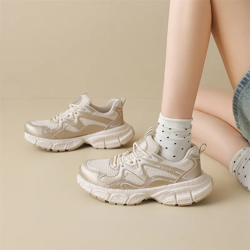 JOSINY Chunky Sneakers Women's Low Top Beige Gray/Champagne Gold-4