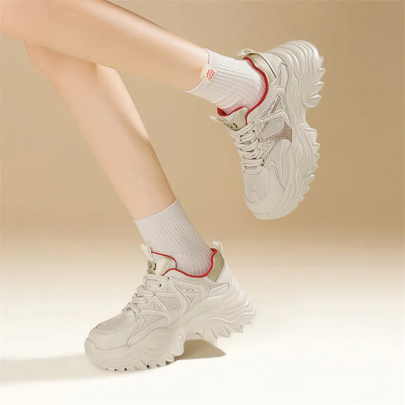 JOSINY Chunky Sneakers Women's Low Top Beige Khaki/Beige Red-9