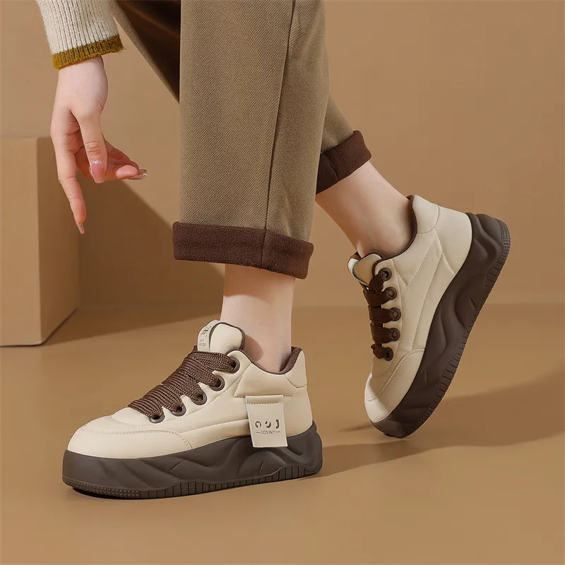 JOSINY Trendy Fashion Comfortable Versatile Puffy Shoes Low-Top Casual Shoes Women's Beige Brown-6