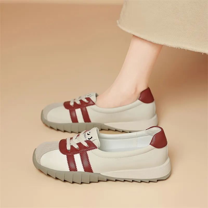 JOSINY Soft Sole, Versatile Lightweight, White Sneakers Sports Casual Shoes Women's Beige Red/White Silver-4