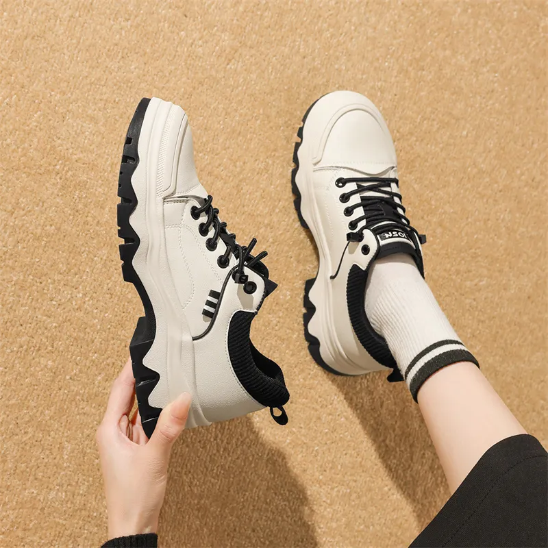 JOSINY Lace-Up British Style Sports Versatile Panda Shoes Minimalist Style Casual Shoes Women's Beige Black-3