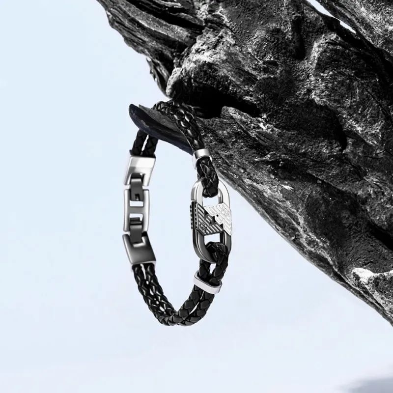 EMPORIO ARMANI Genuine Leather Bangles Men's Black-3