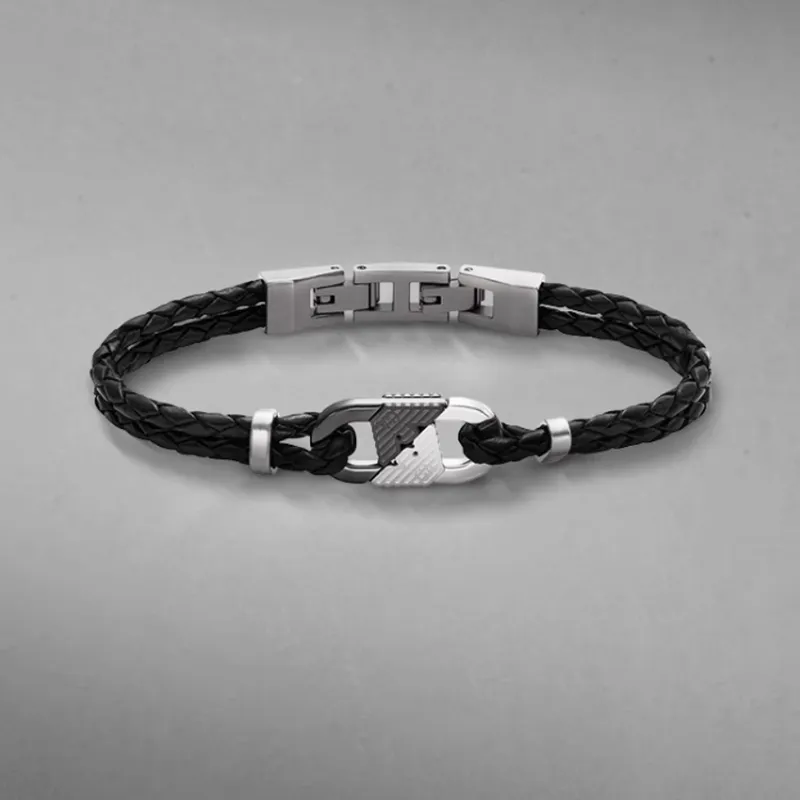 EMPORIO ARMANI Genuine Leather Bangles Men's Black-4