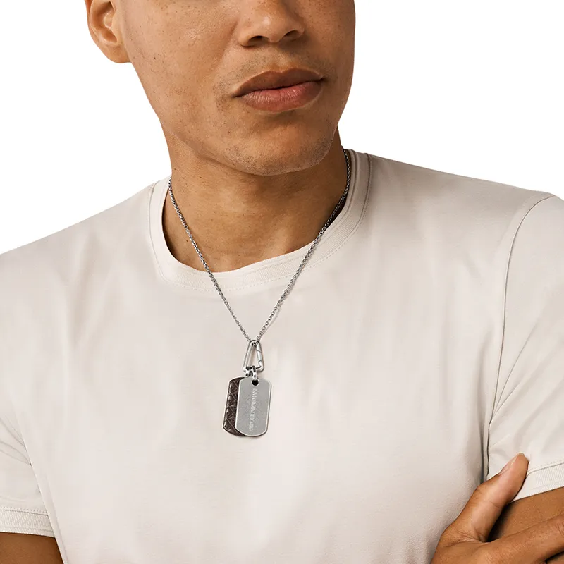 EMPORIO ARMANI Steel, Leather Necklaces Men's Silver-3