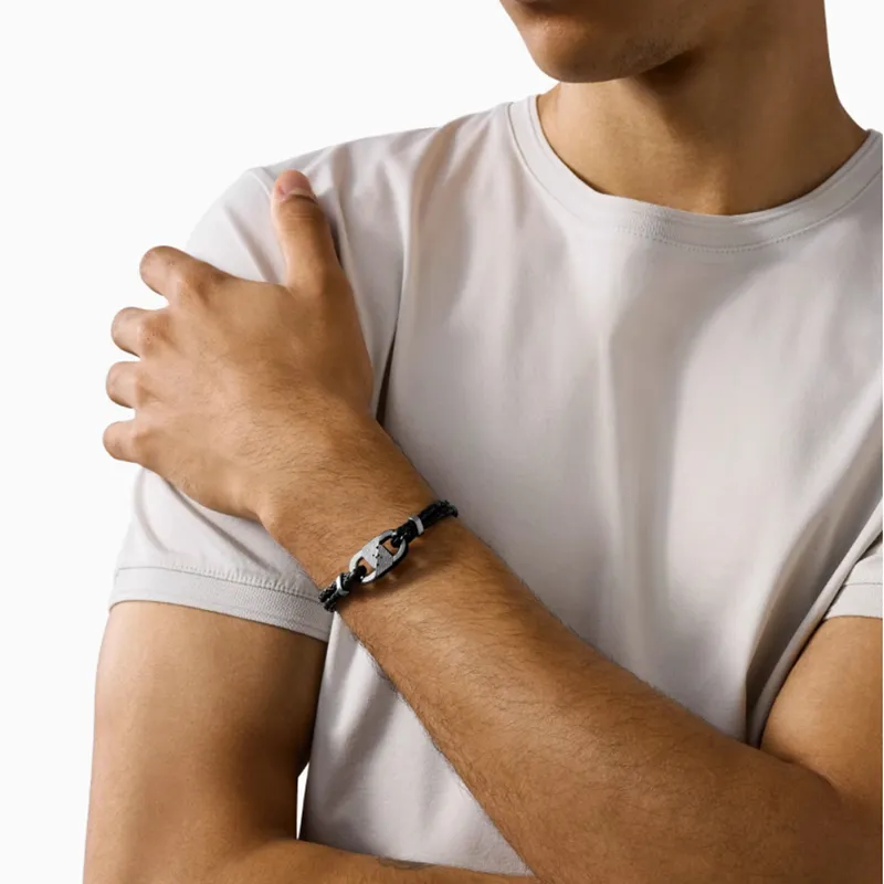 EMPORIO ARMANI Genuine Leather Bangles Men's Black-1